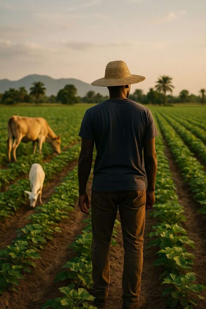 An African farmer stands in a green crop field at sunset, with a cow and goat grazing nearby, symbolizing Cathphil Agricultural Company’s farming activities in Sierra Leone and Liberia