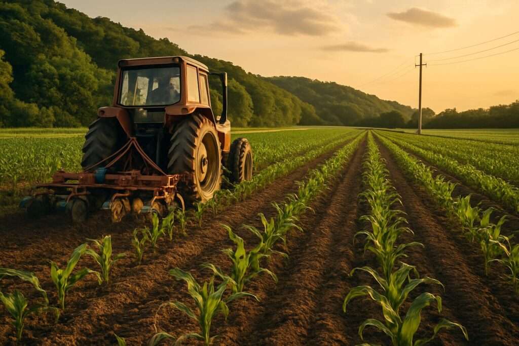 A West African farm with rows of maize and vegetable plots, textured soil, and distant hills under a clear sky