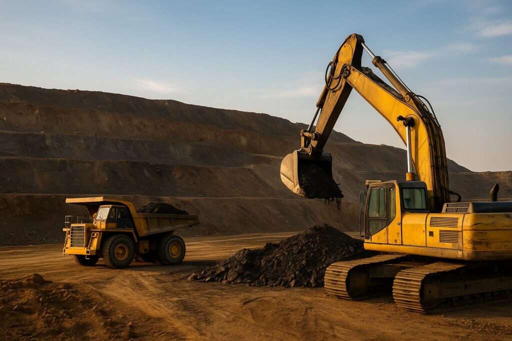 A large excavator loads earth into a yellow dump truck at an open-pit mine, with terraced soil walls in the background, representing Cathphil Agricultural Company’s mining operations in Sierra Leone and Liberia