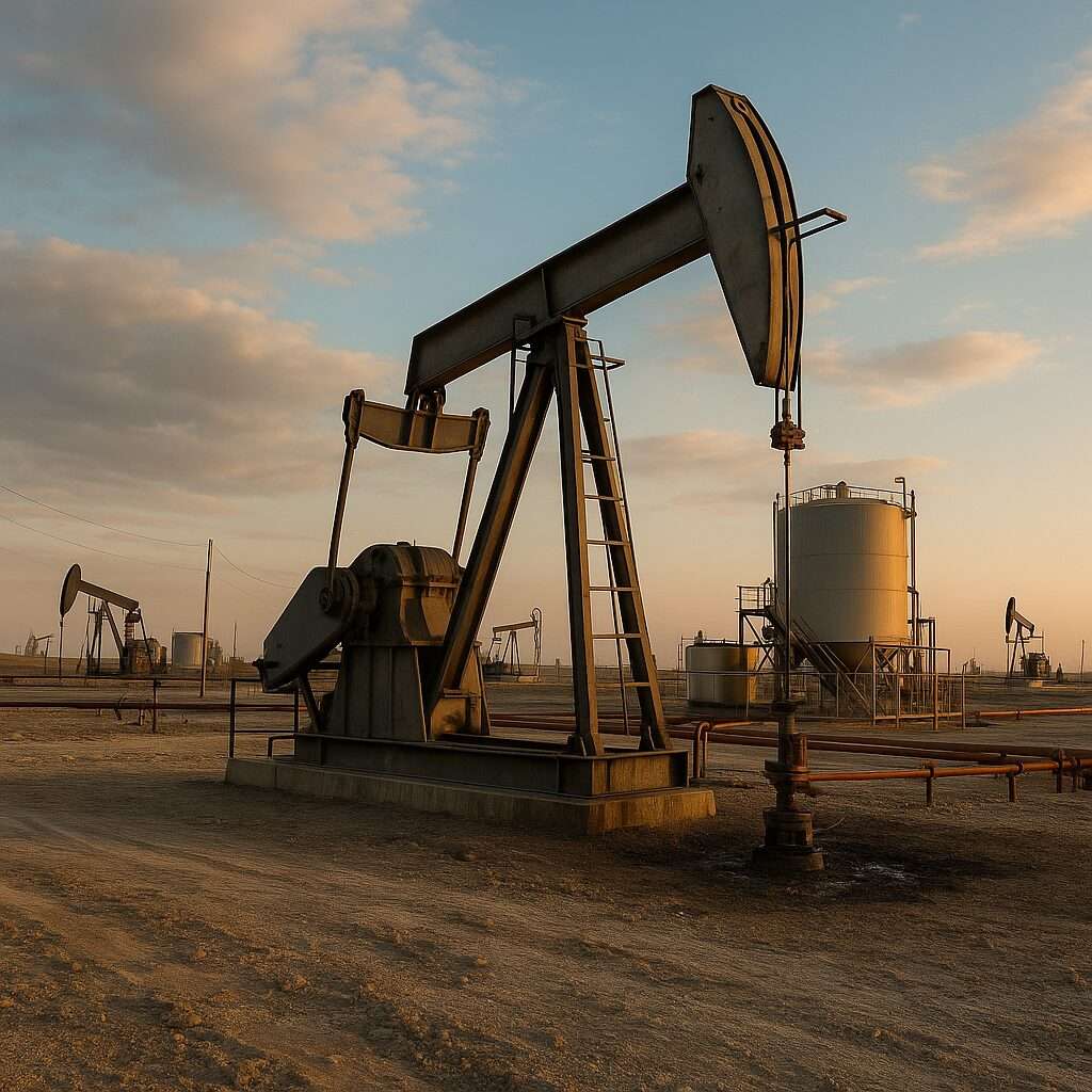 An oil pumpjack operates in a detailed petroleum field at sunset, with storage tanks and additional pumpjacks in the distance, representing Cathphil Agricultural Company’s petroleum ventures in West Africa